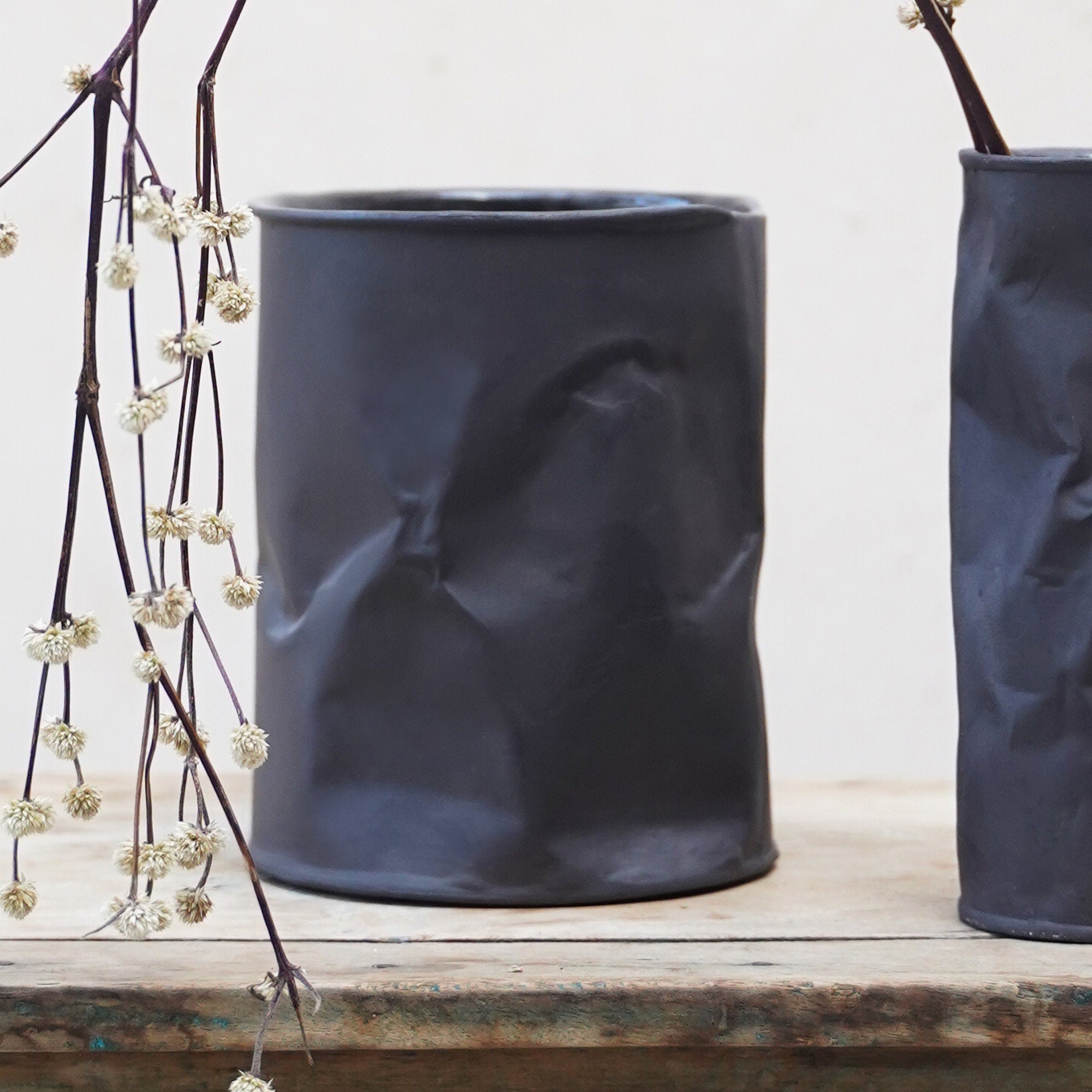 Black Stoneware Pottery Vase: Modern Utensil Holder, Matte Finish