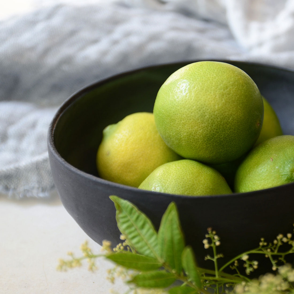 Black fruit bowl photographed with fresh lemons