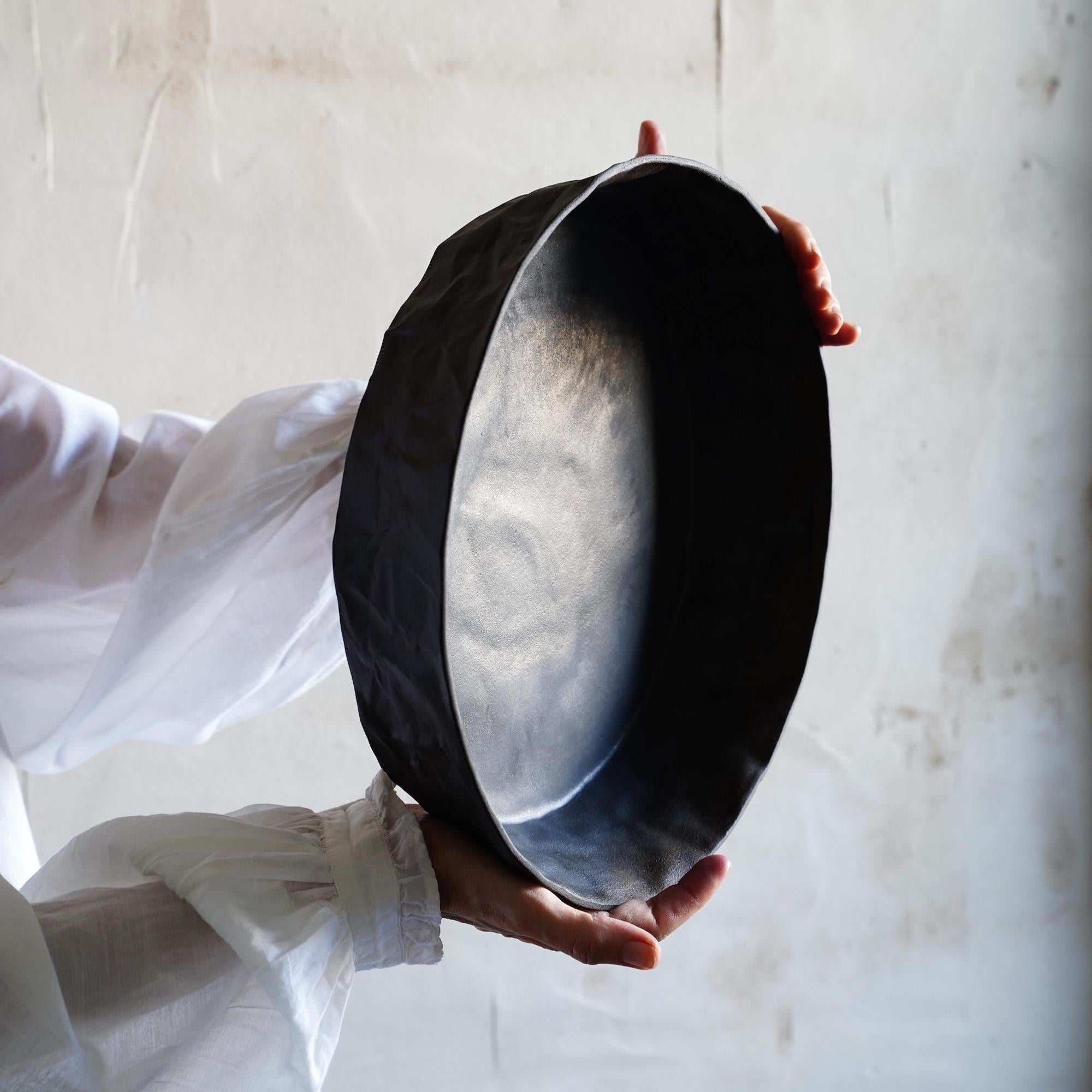 Crinkled Ceramic Centerpiece Bowl, Black Modern Table Decor