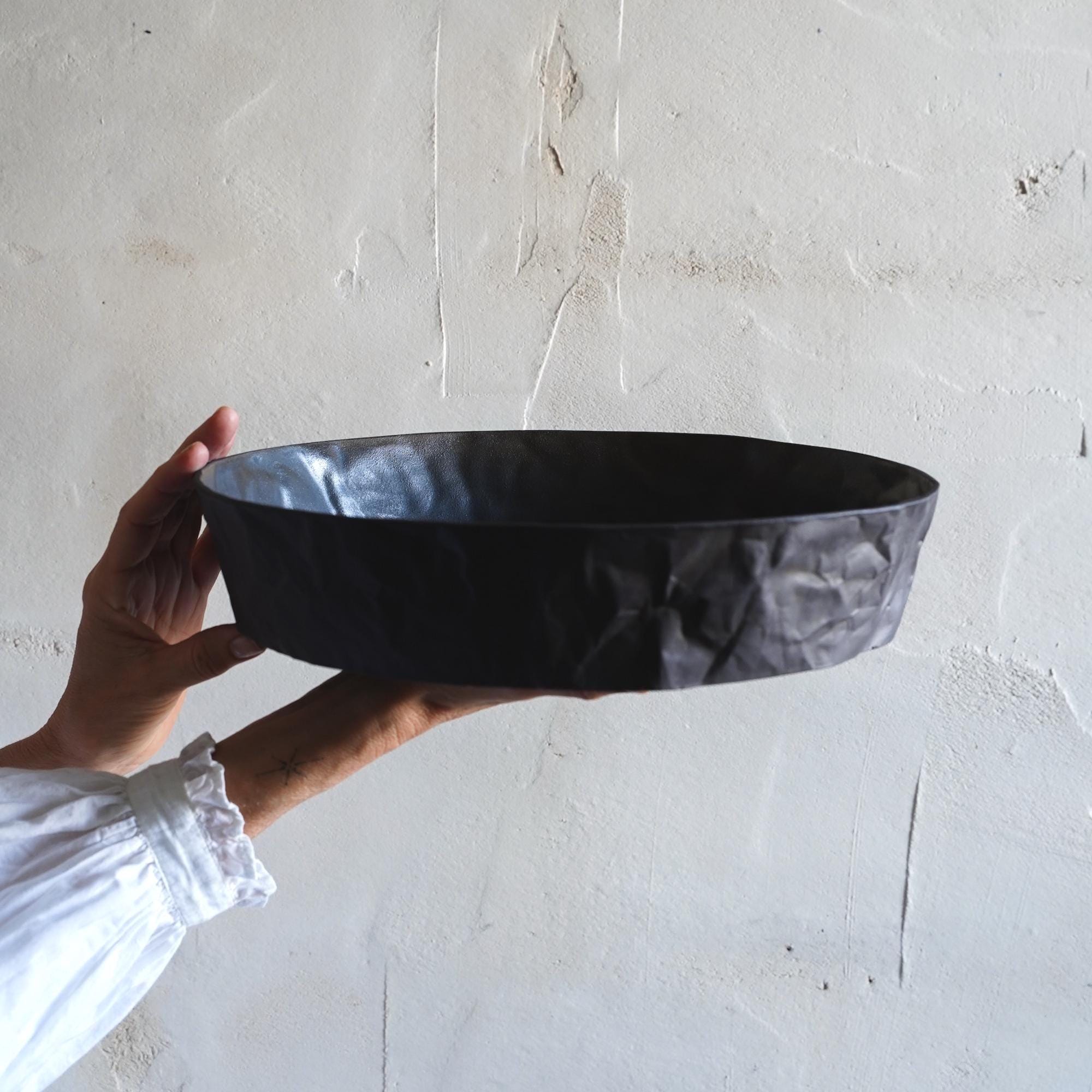 Crinkled Ceramic Centerpiece Bowl, Black Modern Table Decor